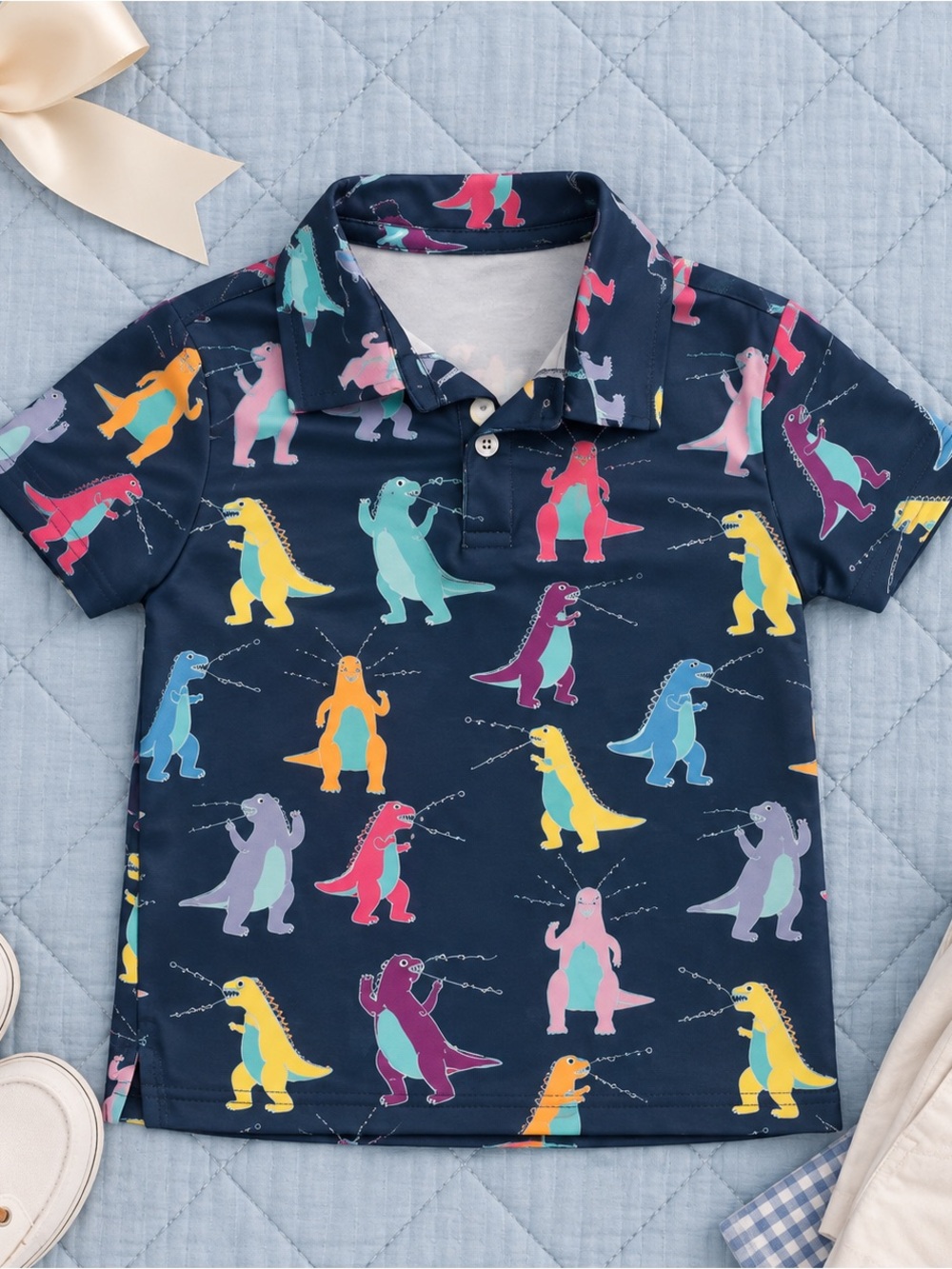 Chubbies Boys 2T Dino Polo Shirt Navy Fun Print Summer Preppy